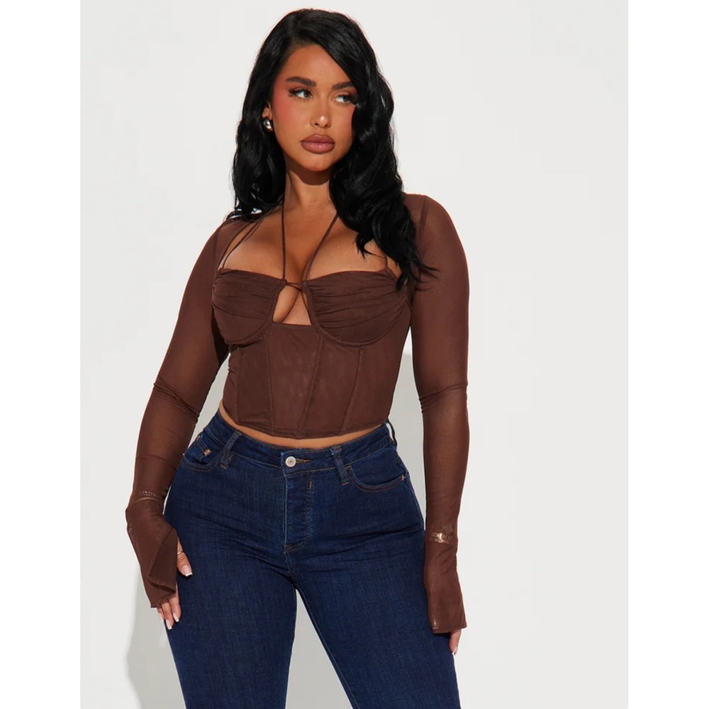 Fashion Nova Women's Melanie Mesh Brown Corset Top Size L